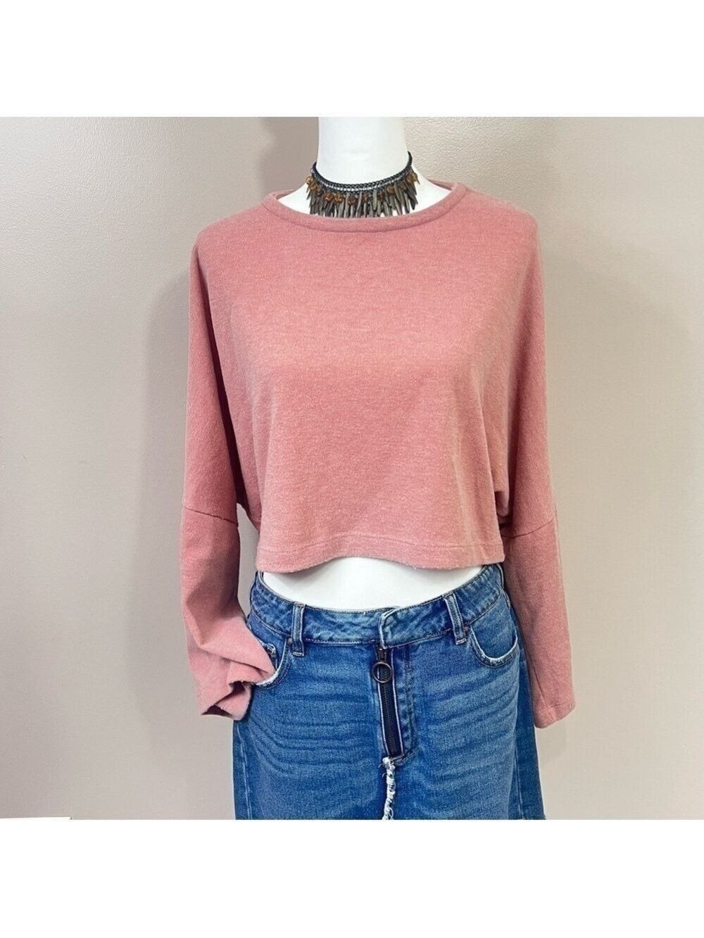 Vintage BLVD Cropped Sweater Crewneck Pullover Pink Oversized Sz M Women
